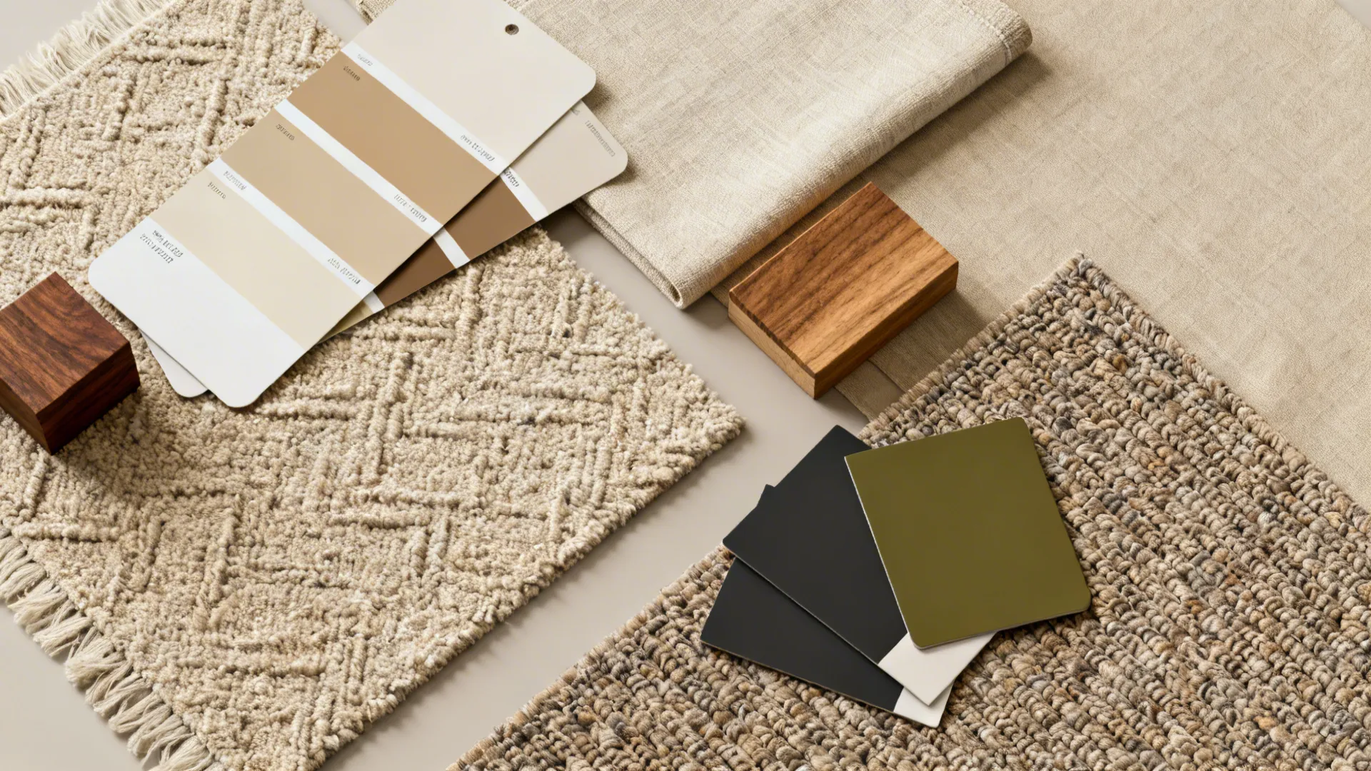 Top-down flatlay of beige material palette including fabric, wood and rug samples.