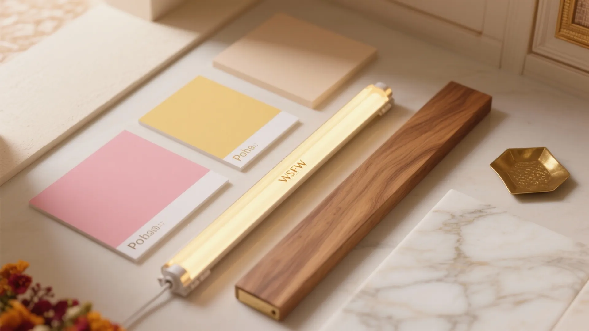 Interior design materials including pink swatches gold light fixture wood piece and white marble slab