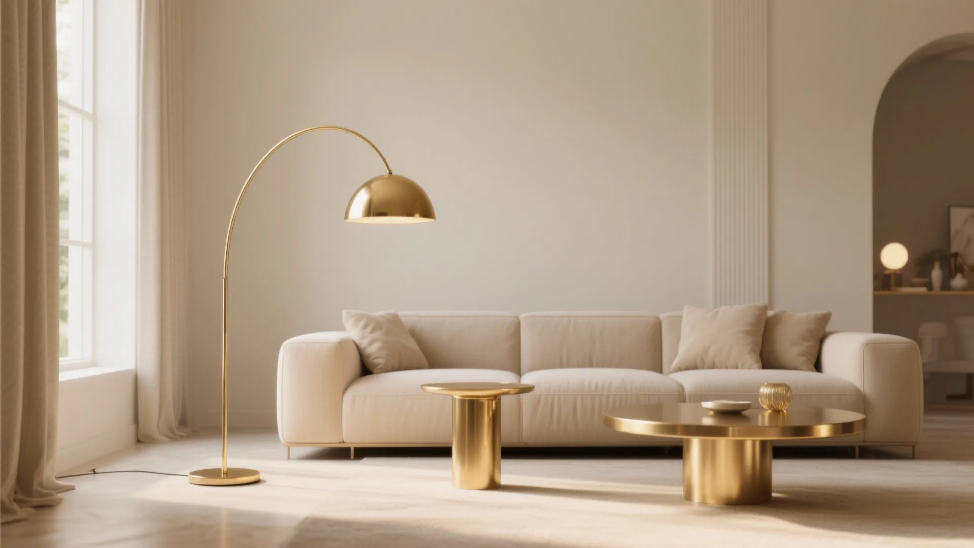 Modern living room with beige sofa gold floor lamp gold coffee tables and bright light