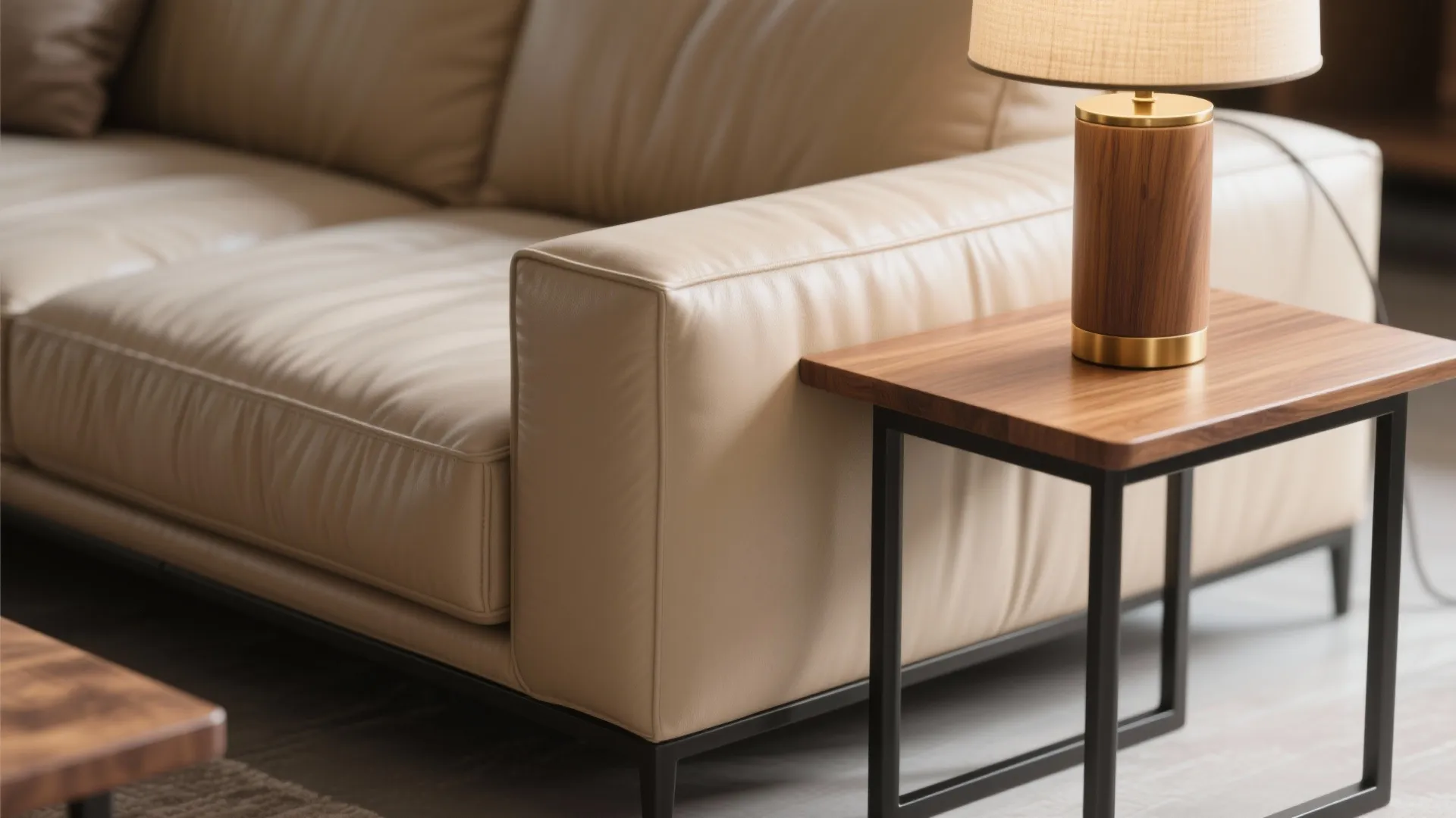 Detail of beige leather with honey oak table and mixed metal finishes
