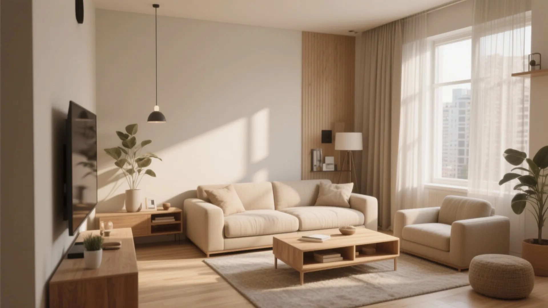 Minimalist living room with beige sofa wooden coffee table television stand green plants and natural light