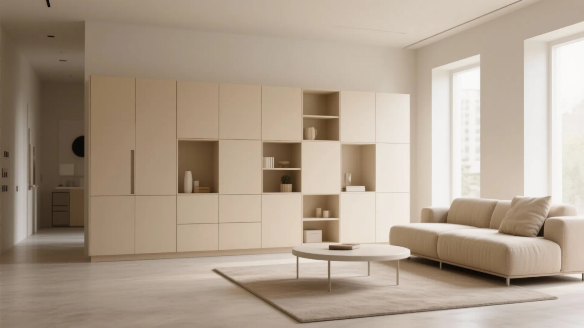 Modern living room with large beige wall cabinet round coffee table sofa and large windows