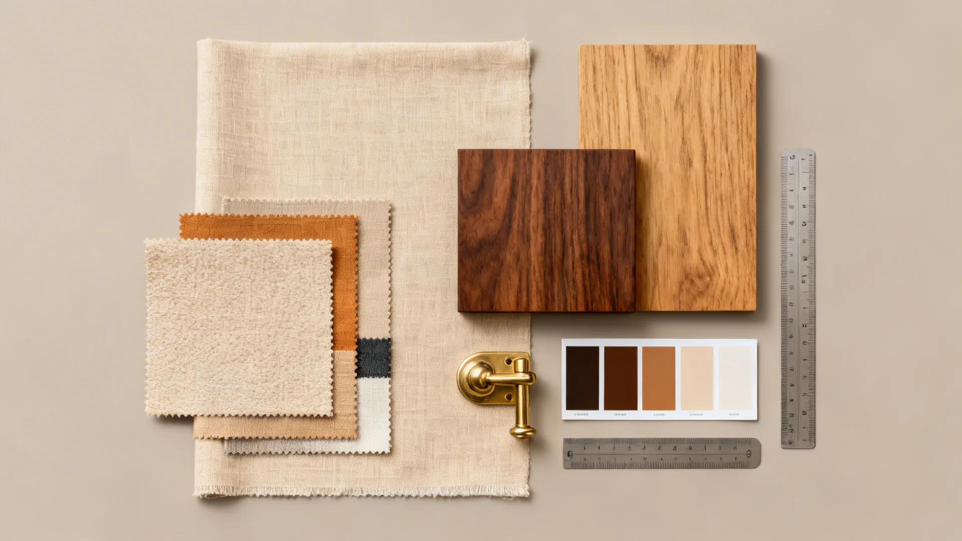 Top-down moodboard with beige fabric swatches, wood samples, brass hardware and color chips for chair selection