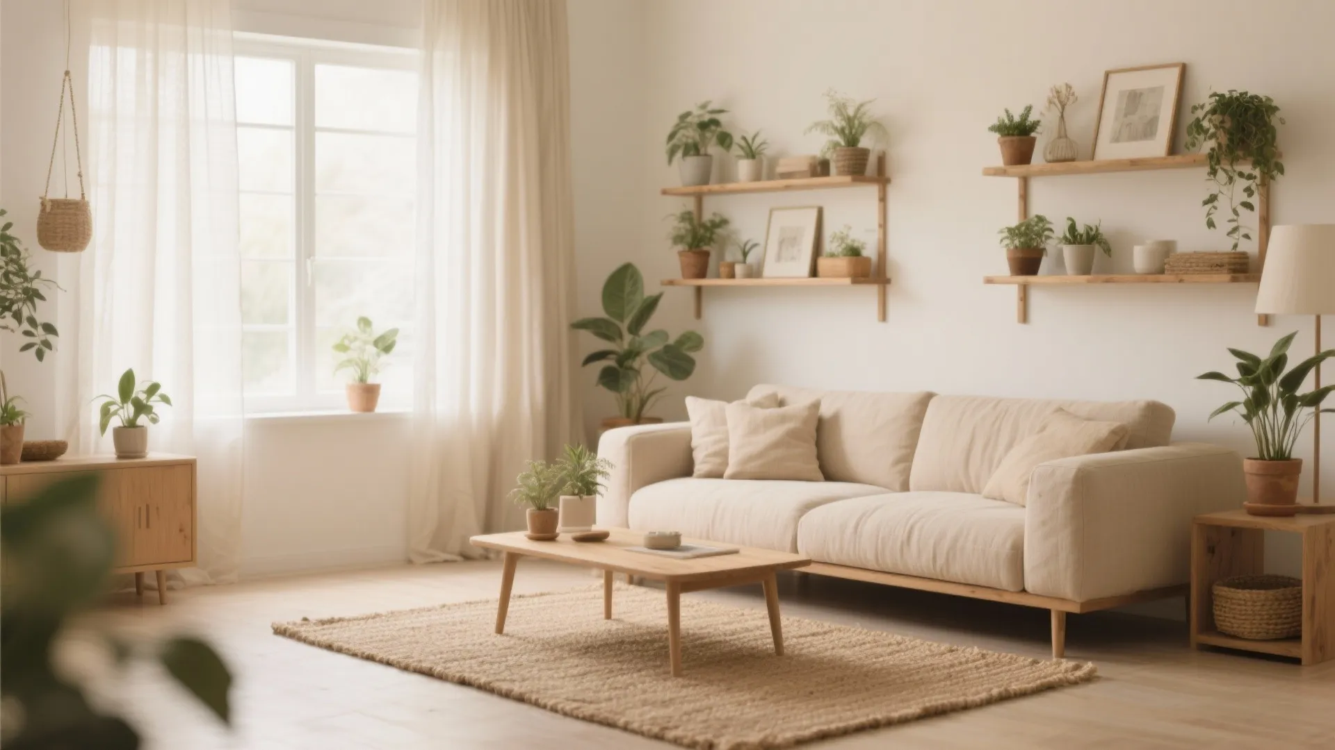 Natural living room with beige sofa wooden coffee table many green plants and wall mounted shelves