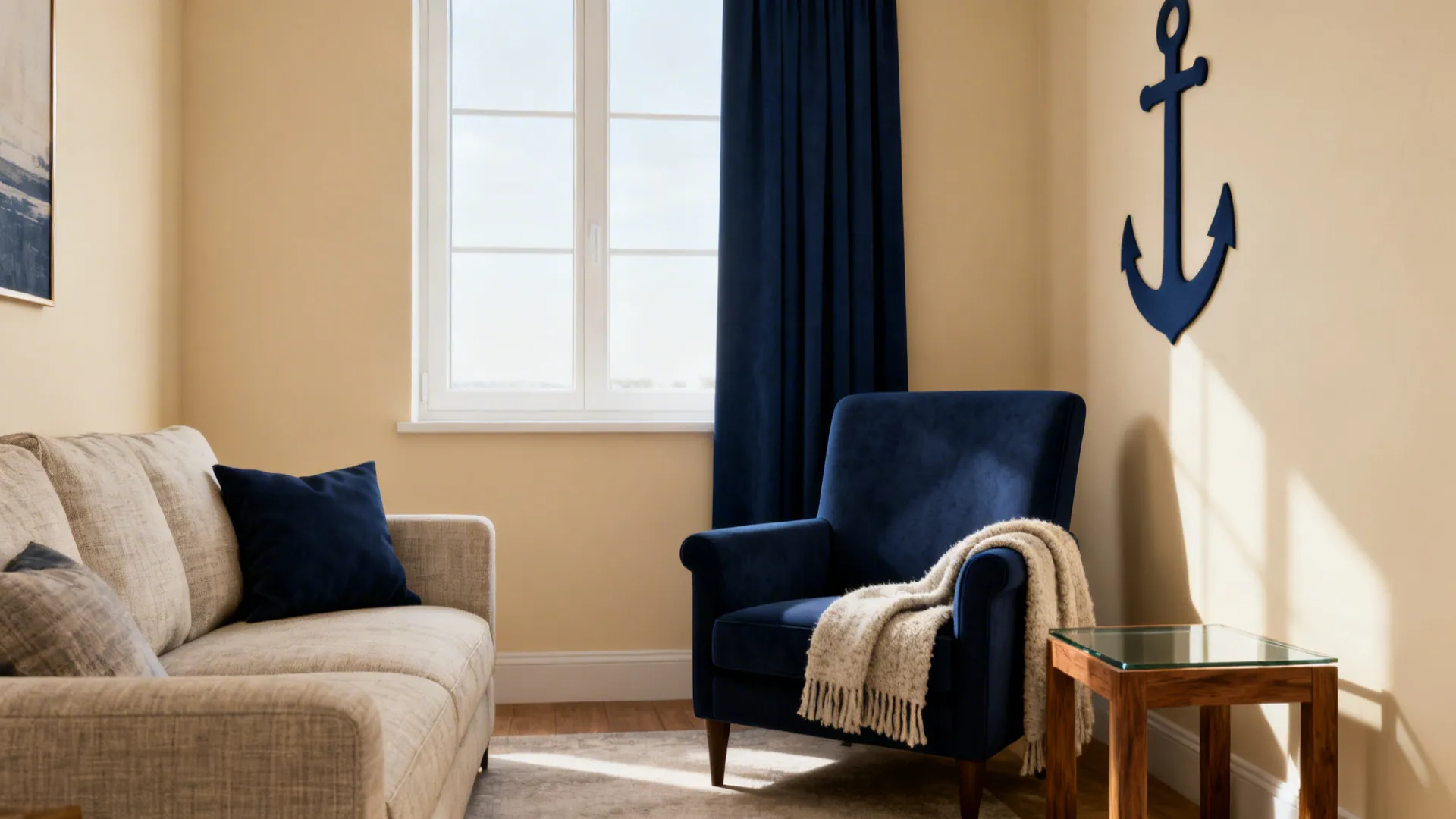Warm beige walls with navy curtain and navy accent chair creating a visual anchor.