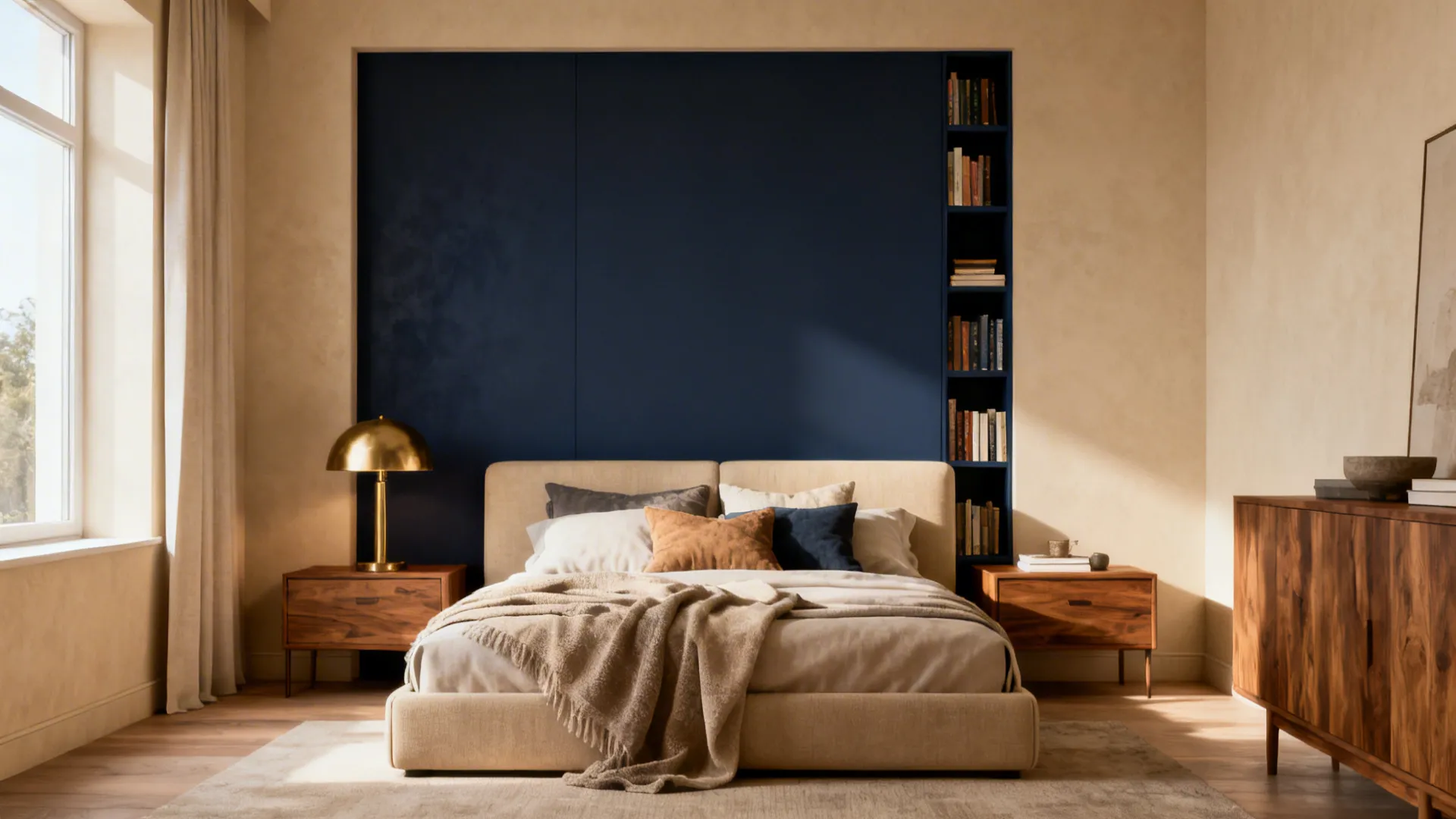 Elegant bedroom design with navy blue accent wall beige bed wooden side tables and bookshelves