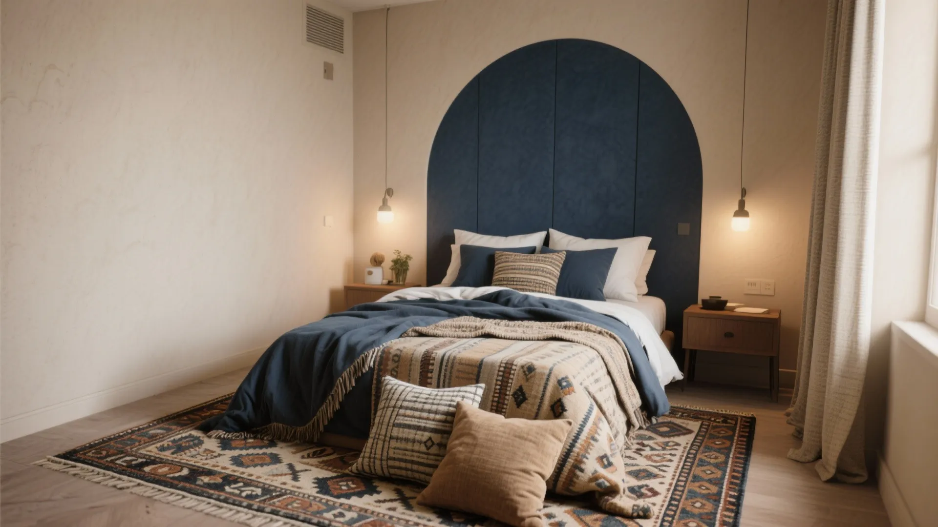 5. Beige + Navy + Patterned Textiles