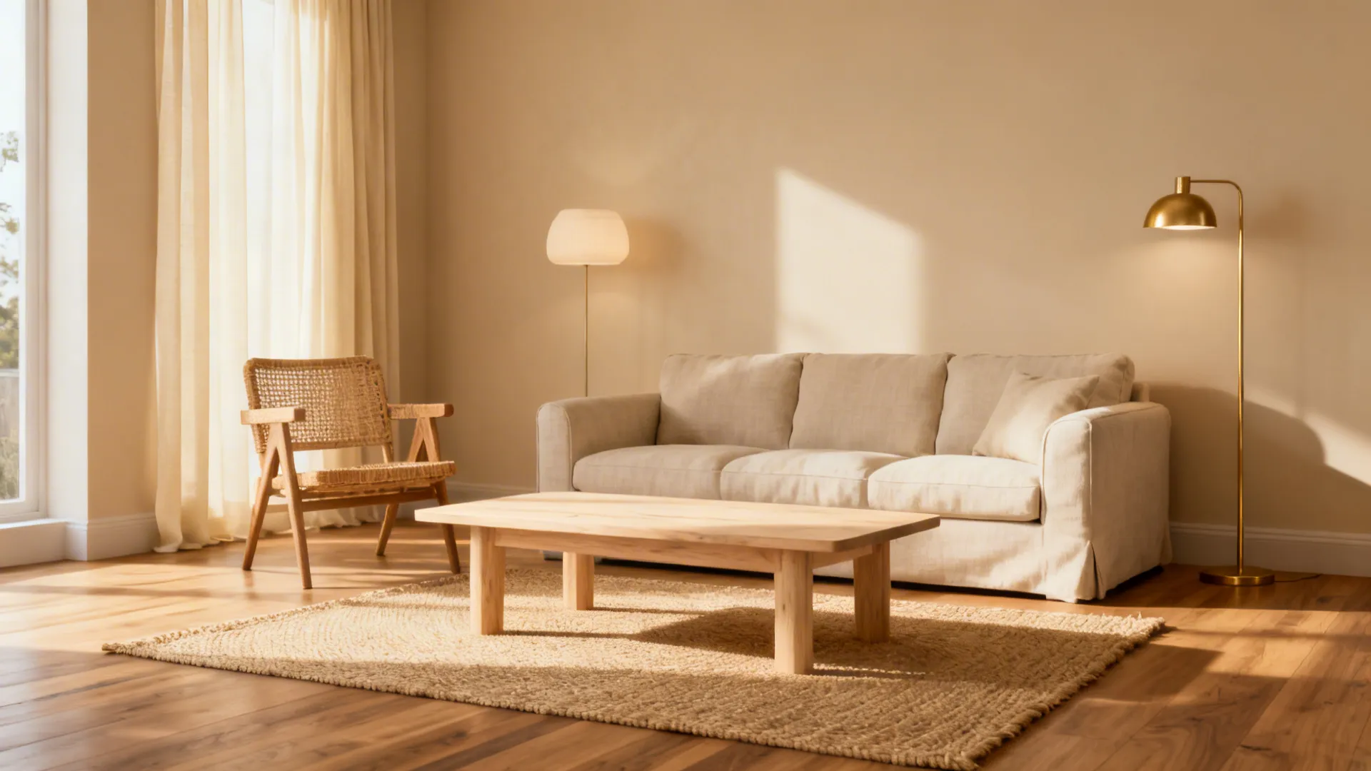 Warm living room with beige sofa wooden coffee table woven chair floor lamp and soft sunlight