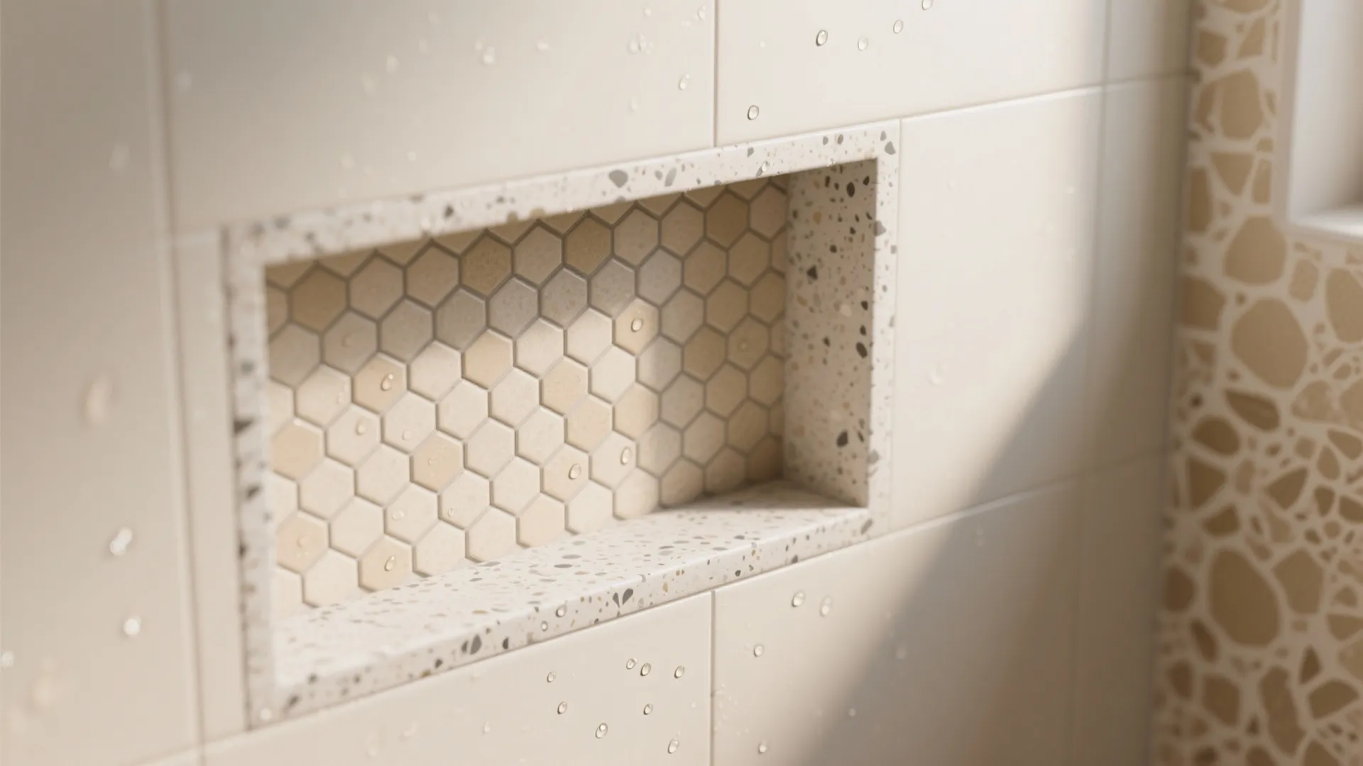 Beige Mosaic Niches and Terrazzo-Look Accents