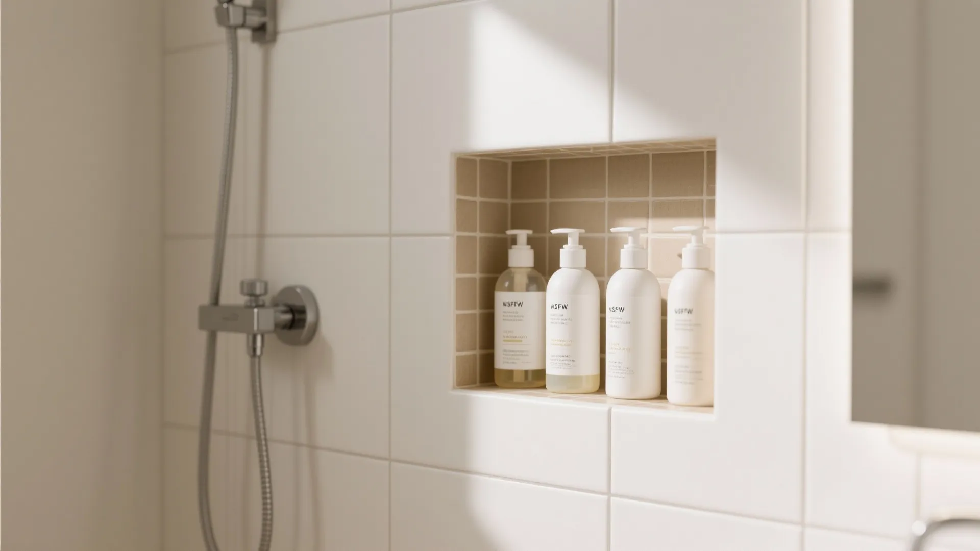 White tiled bathroom wall with a beige recessed shelf holding four white shampoo pump bottles