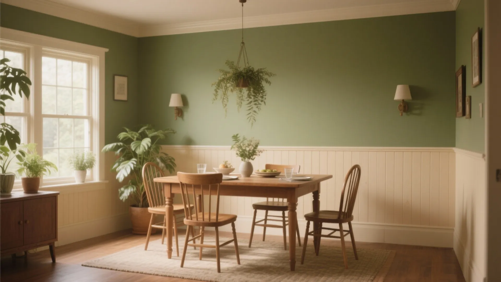 Rustic dining area with olive green walls white wall panels wooden table and hanging plant