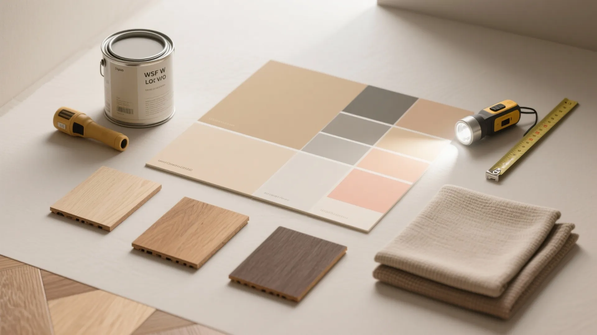 Interior design materials including paint can wood samples fabric and color palette on a white table