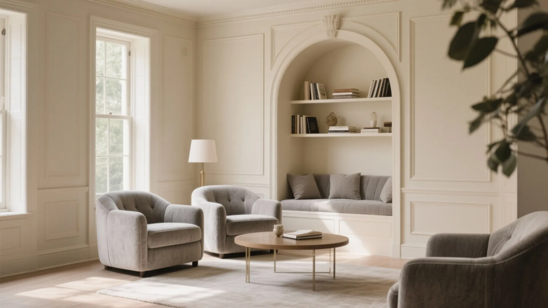 Elegant beige living room with wall panels built in bookshelves grey chairs and round coffee table
