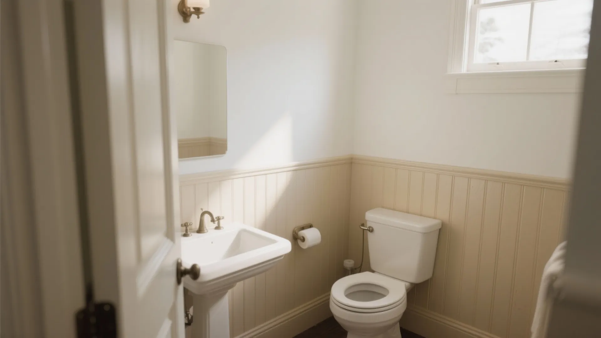 Small bathroom with cream wall panel white sink toilet mirror and small window in corner