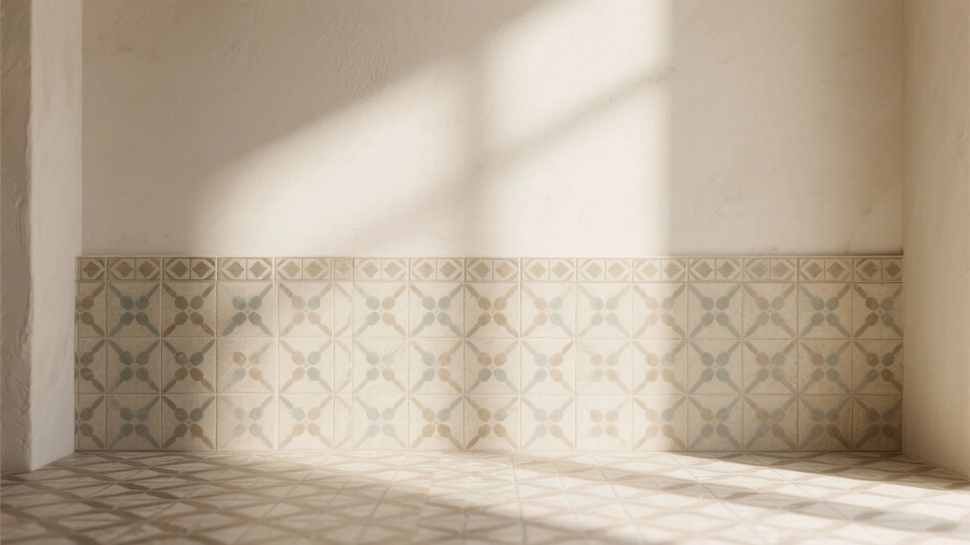 Empty room featuring beige patterned floor tiles and matching lower wall panel with soft natural sunlight