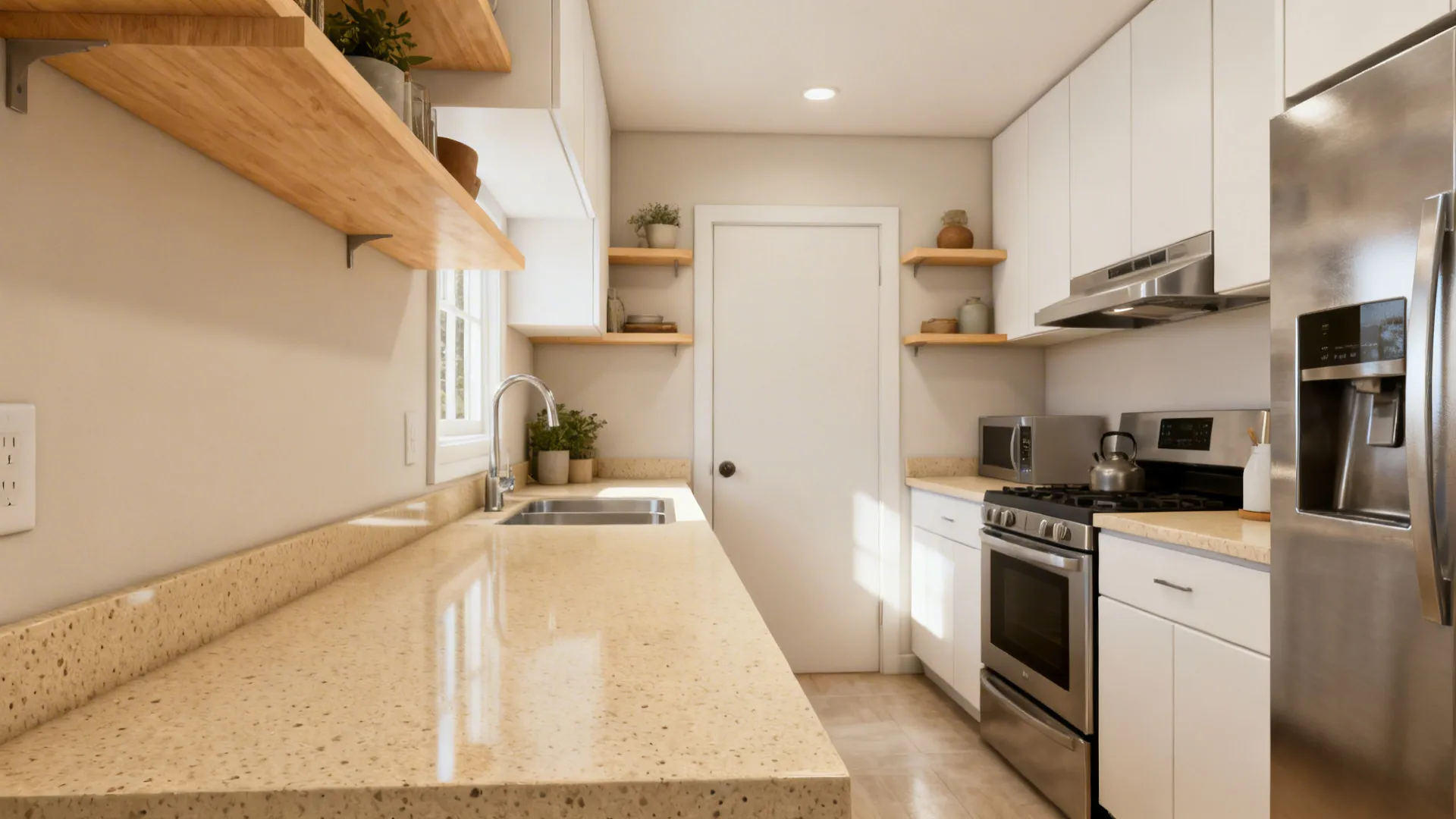 Small kitchen with warm beige quartz countertop, white cabinets, and soft natural light.