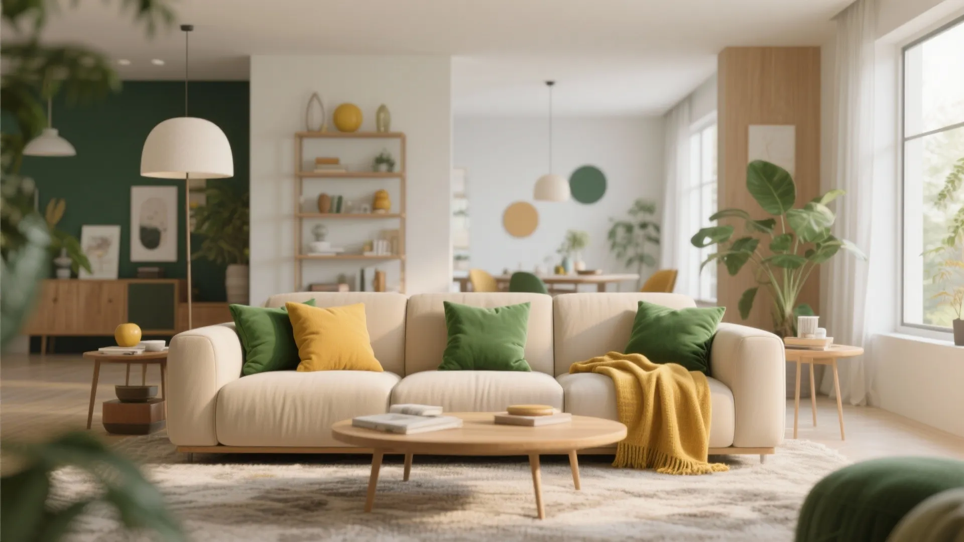 Cream sofa with green and yellow pillows plus wooden coffee table in bright modern living room