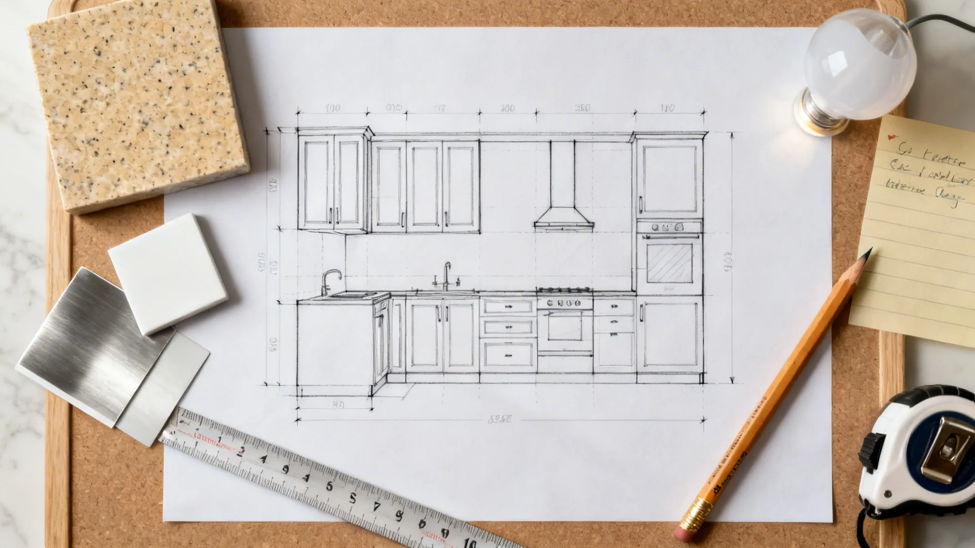 Top-down layout plan with warm beige quartz sample, cabinet chip, and stainless swatch.