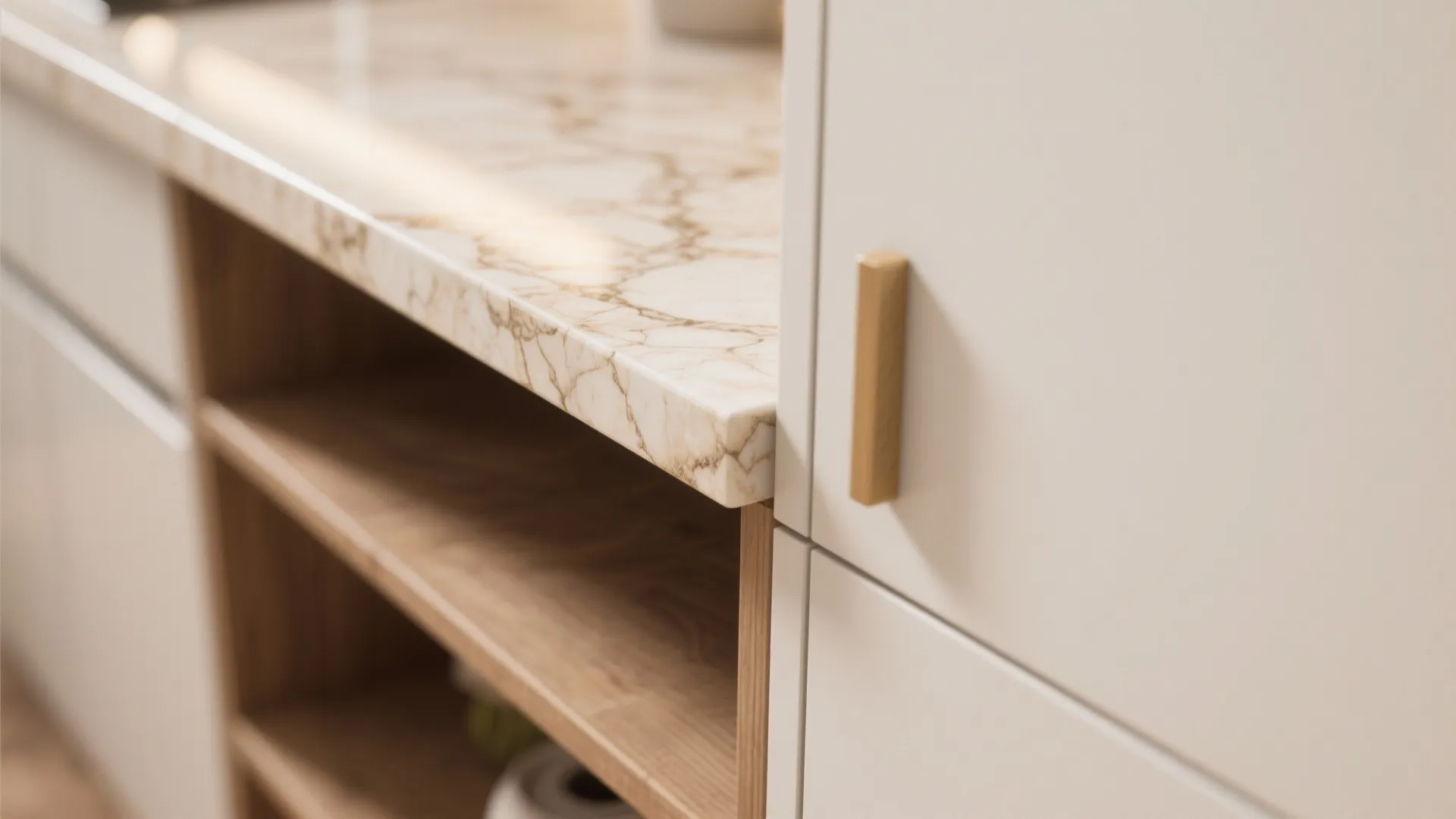 Close-up of warm beige quartz veining next to off-white cabinet and wood shelf