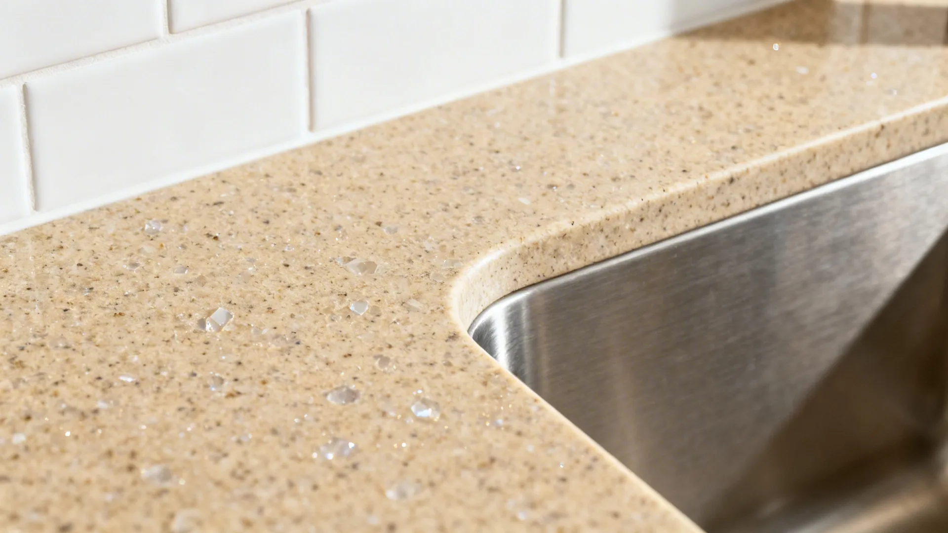 Macro of speckled warm beige quartz countertop with soft daylight texture.
