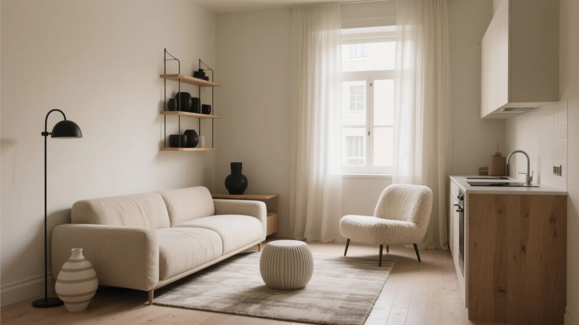 Modern cream living room with beige sofa white armchair wooden kitchen cabinets and floor lamp