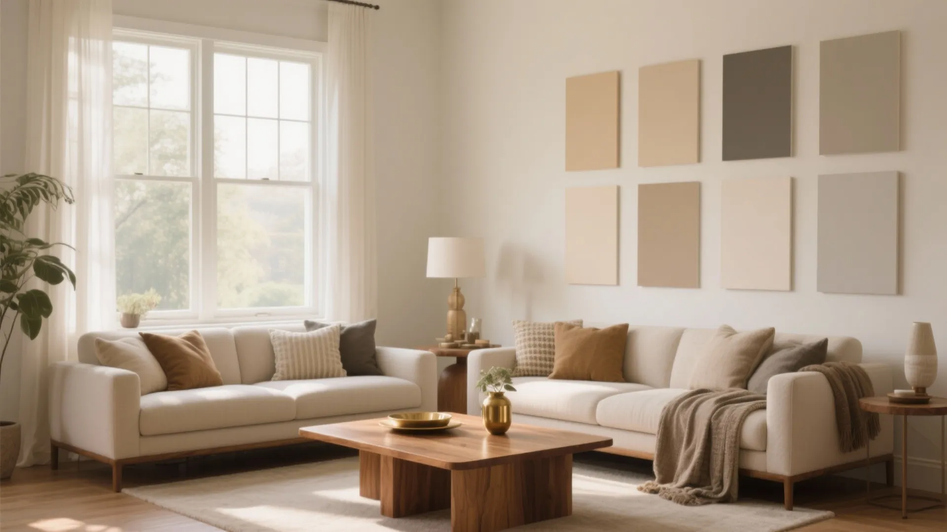 Modern living room with two white sofas wooden coffee table wall panels and large bright windows