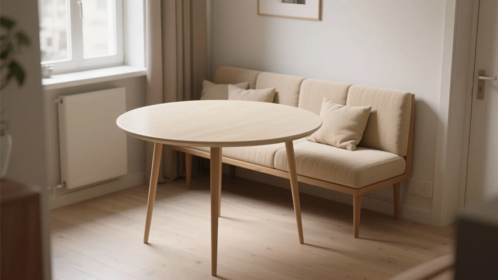 3. Compact Round Table + Beige Bench Seating