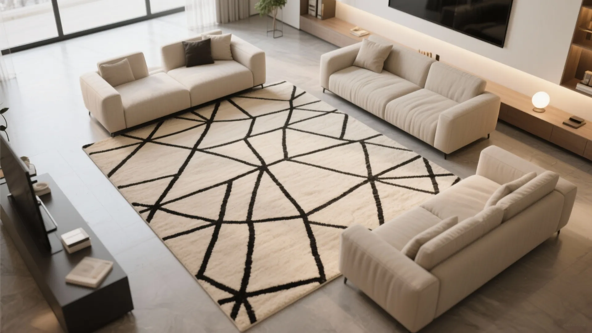 9. Beige Rugs with Black Geometric Patterns