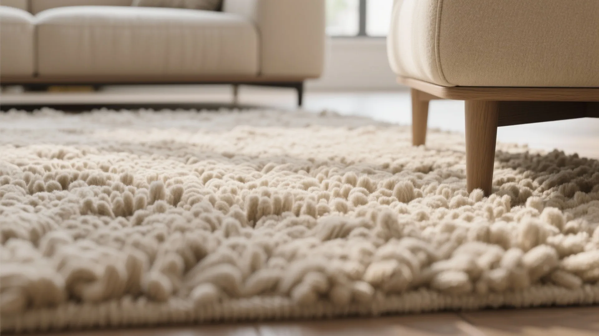 Close up view of a thick beige rug showing soft texture under a modern sofa