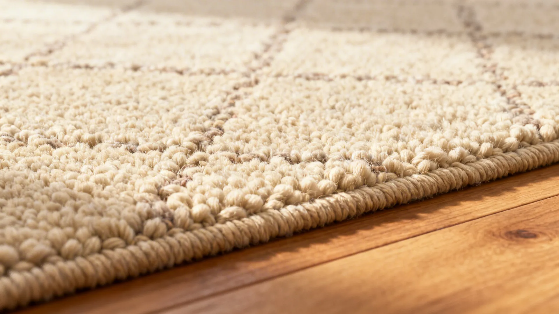 Close-up of a warm beige looped wool rug showing subtle geometric weave and texture.
