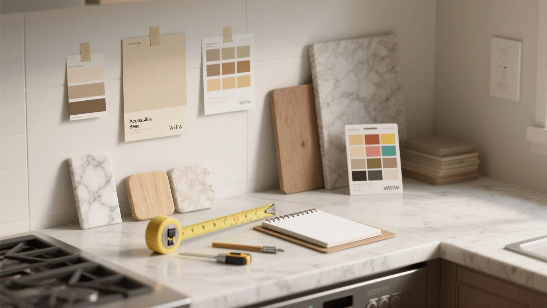 Kitchen counter with color swatches measuring tape notebook wood samples and stone tiles for home renovation