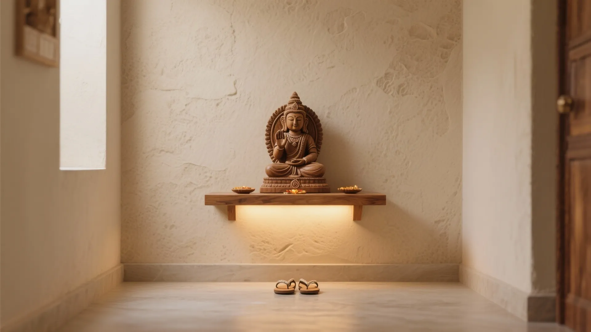 Wooden Buddha statue on a floating shelf with small candles against a beige textured wall
