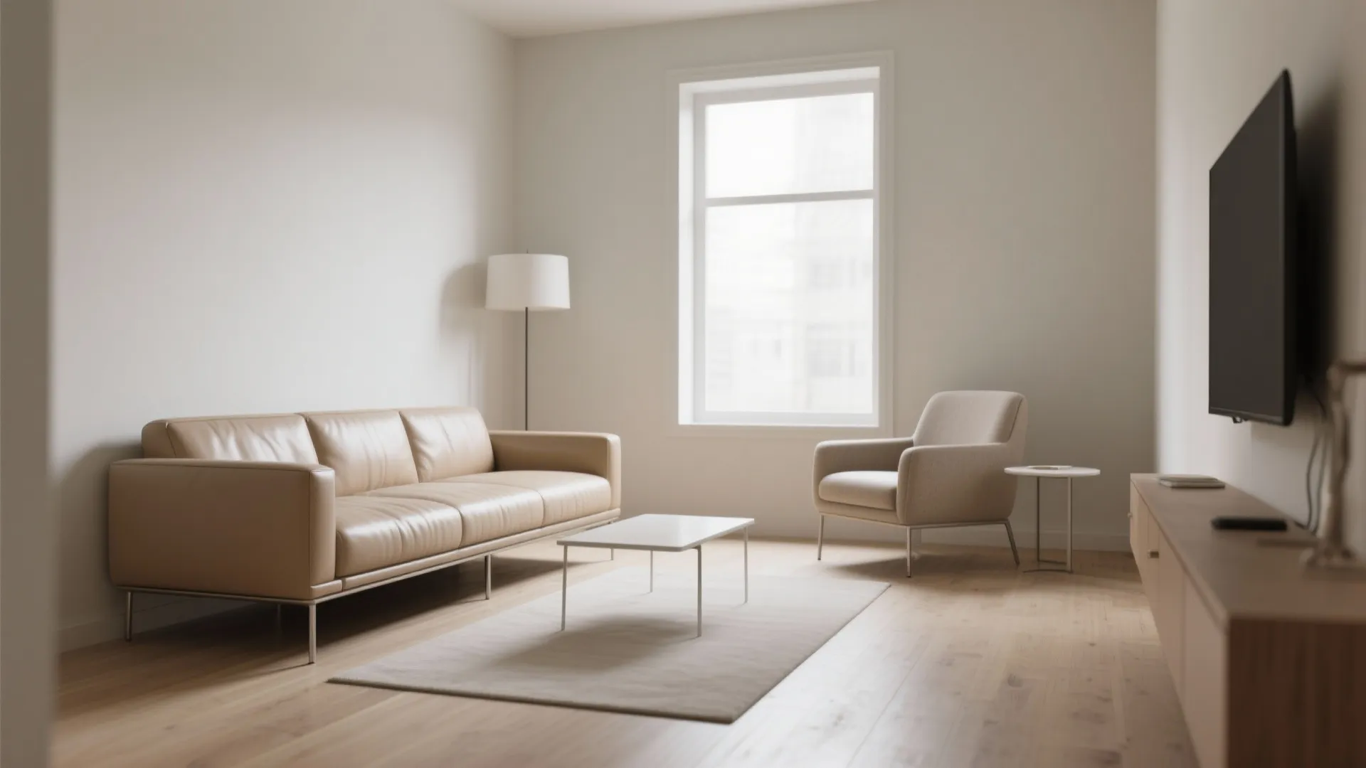 Small living room with a slim beige leather sofa showing exposed legs and clear walkway