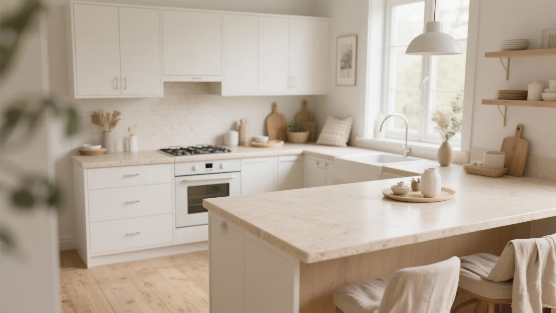 Modern cream kitchen with white cabinets wooden floors stone island sink stove and warm ceiling light