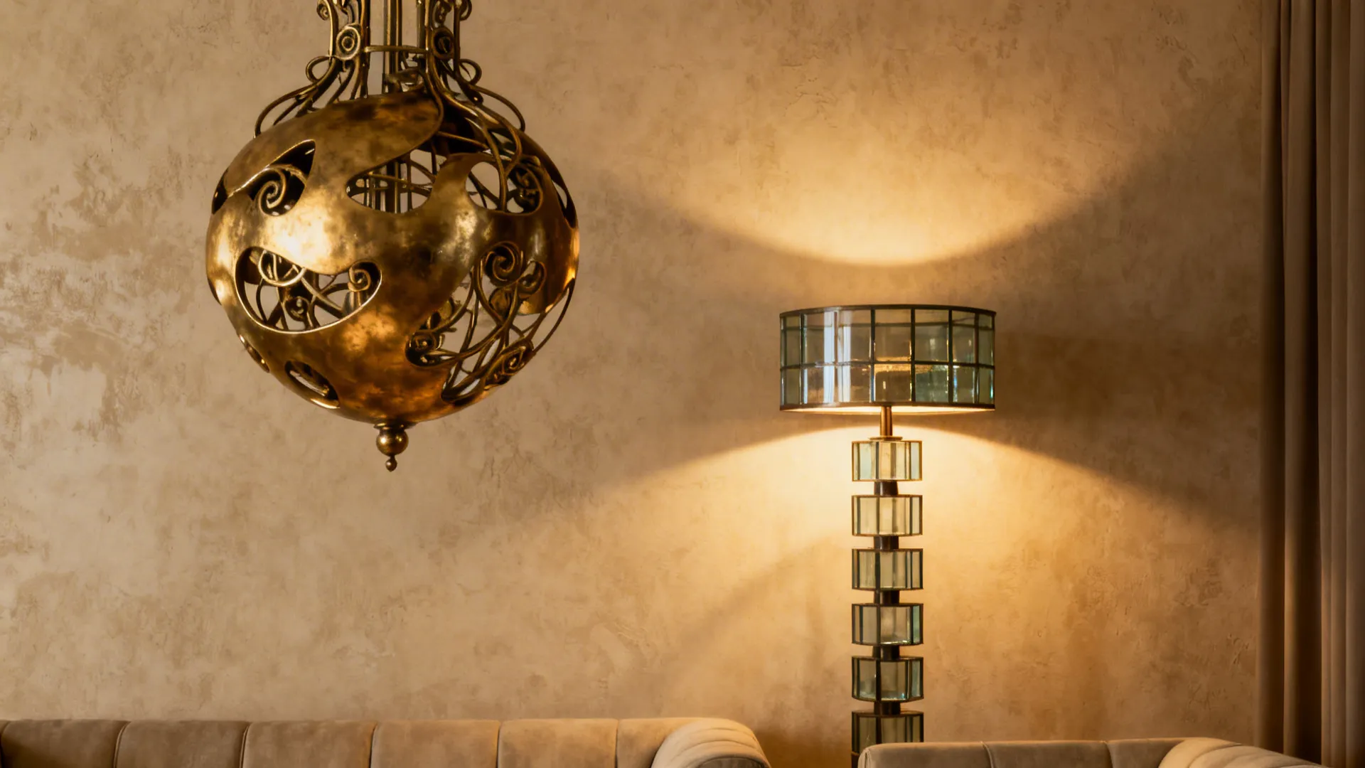 Brass pendant and floor lamp creating focal drama in a beige interior.