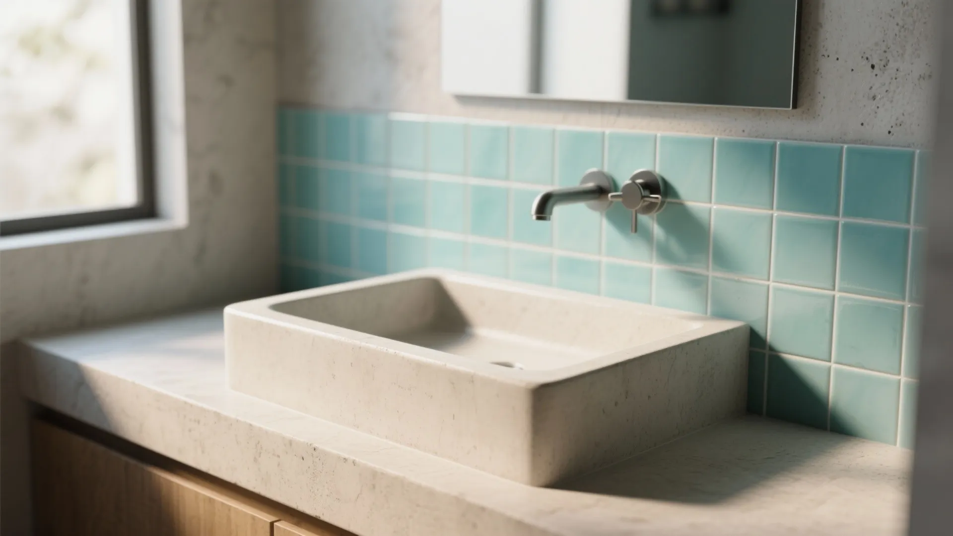 Beige rectangular sink on marble counter with blue wall tiles and silver wall mounted tap