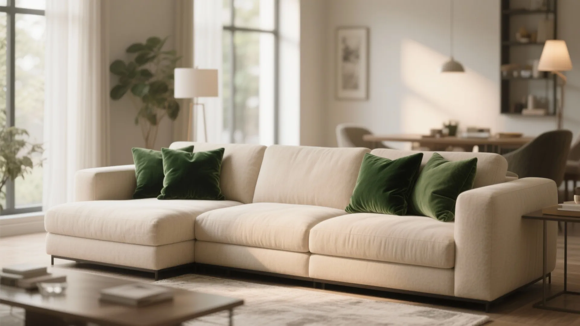 Beige sectional sofa with green pillows in a bright living room with large windows and plants