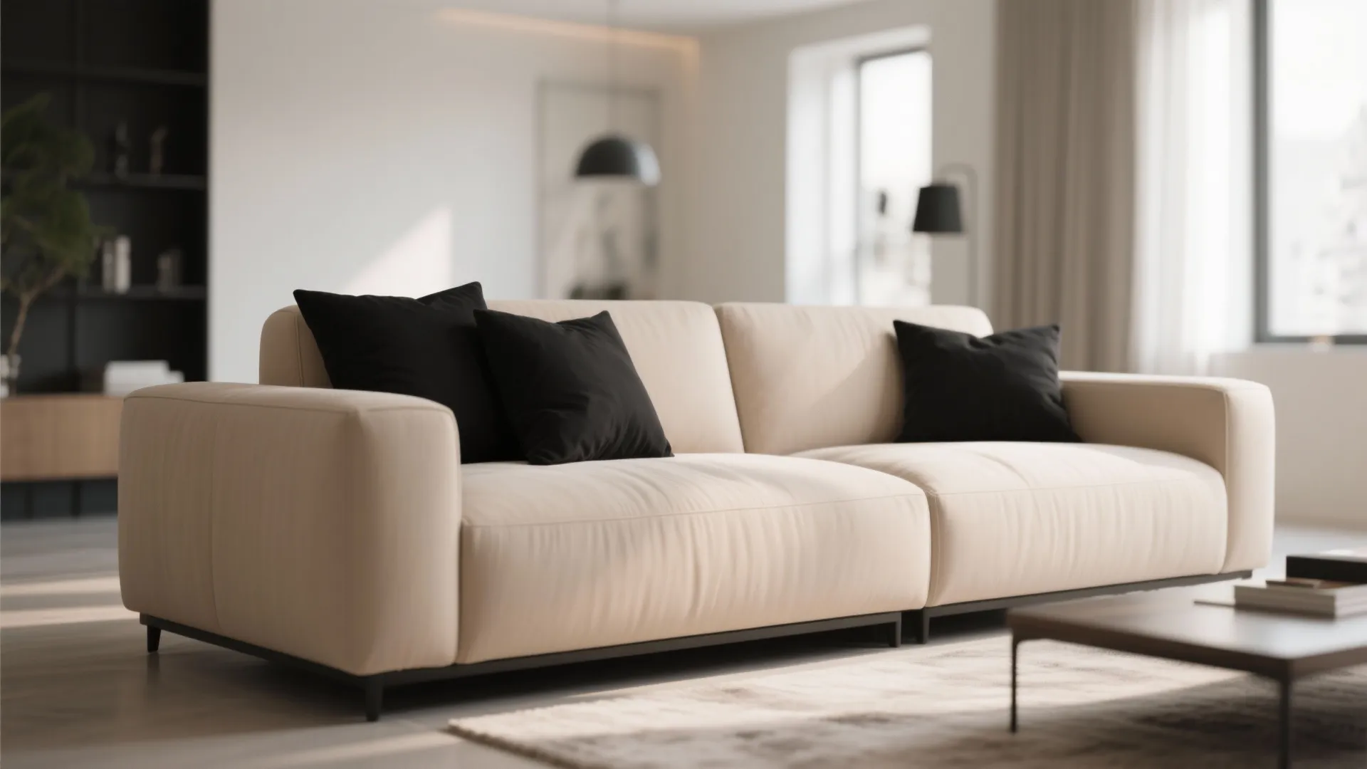 4. Beige Upholstery, Black Cushions