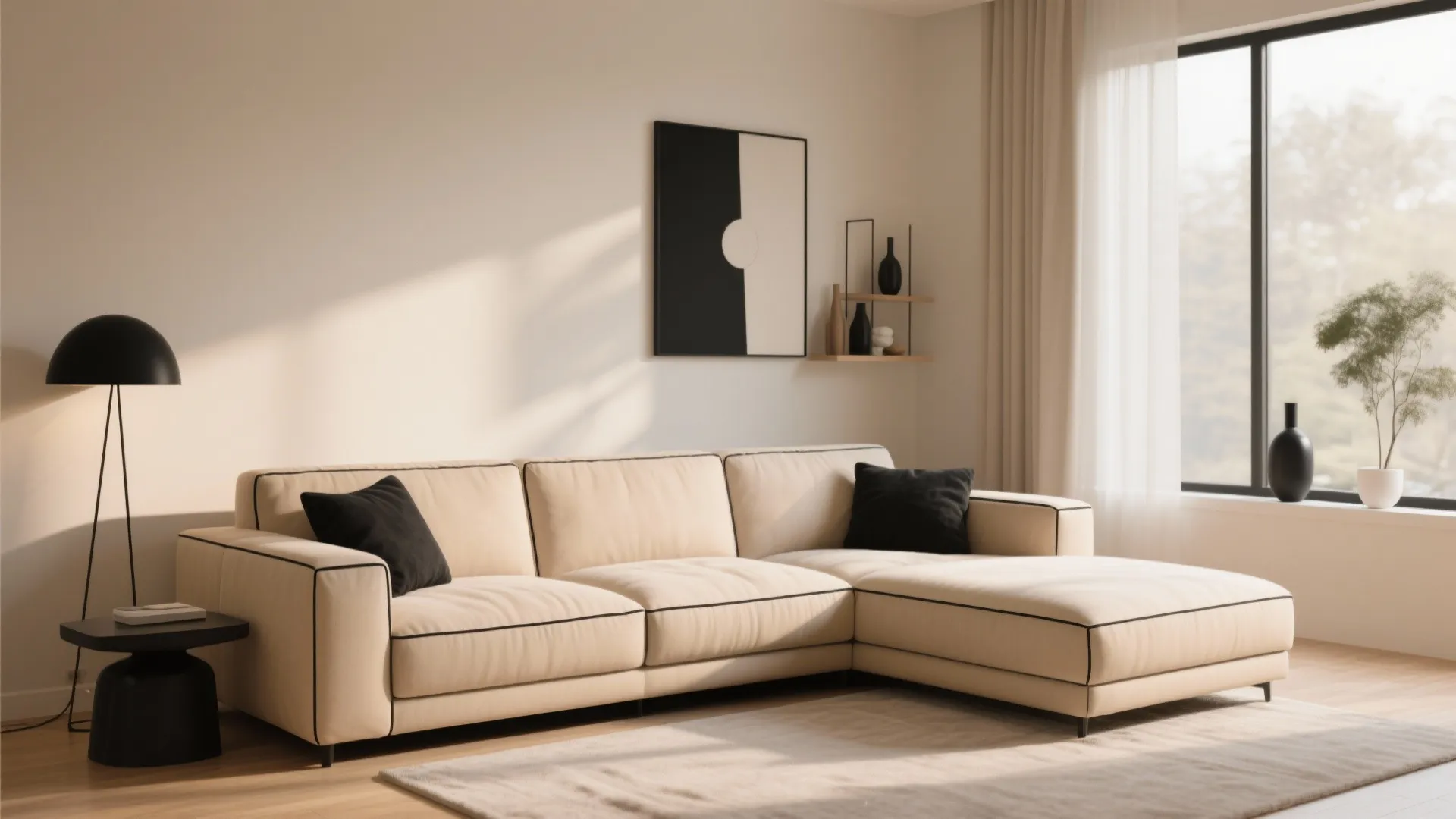 6. L-Shaped Beige Sofa with Black Trim