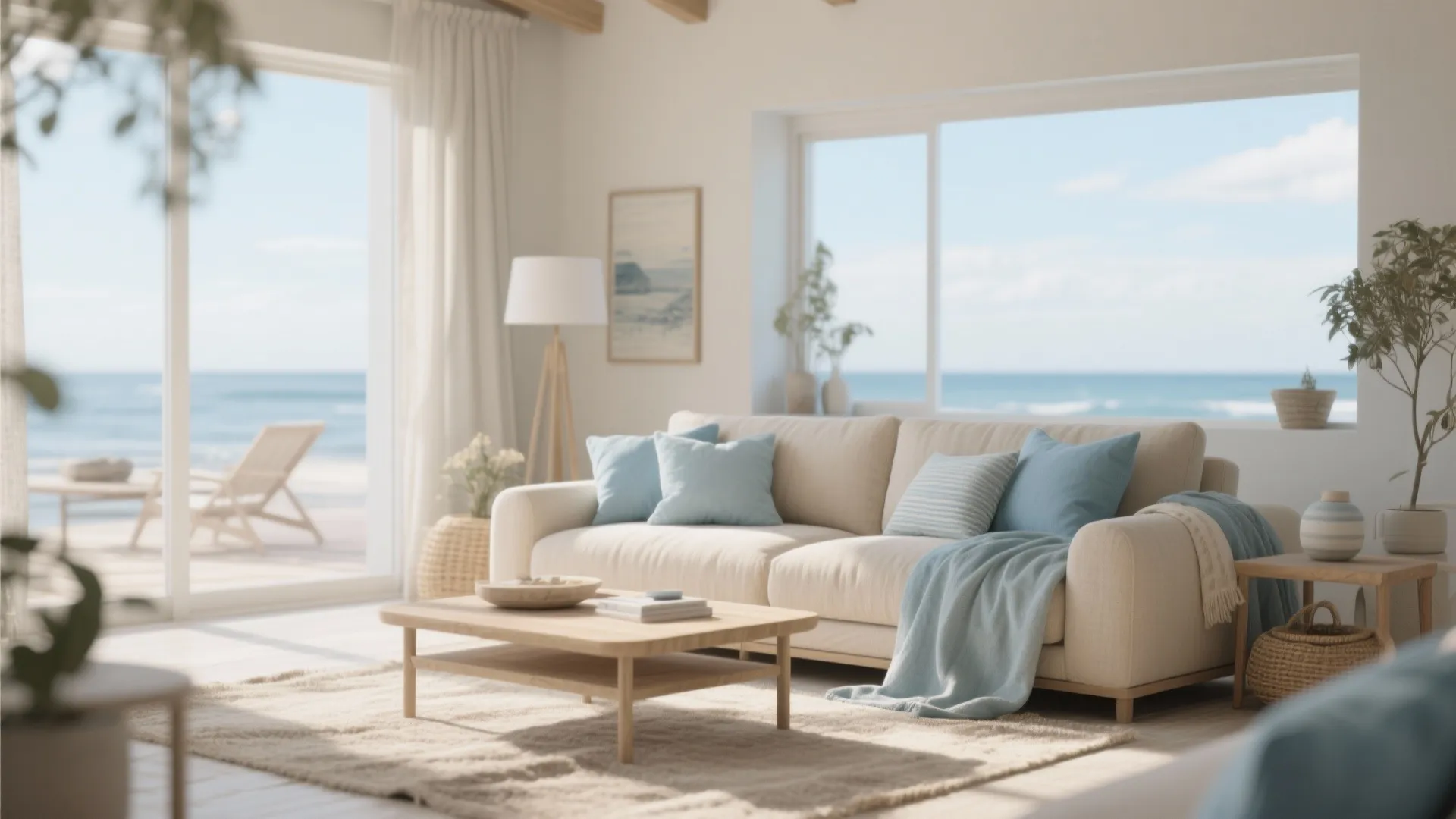 Beige sofa with blue cushions and blanket in a coastal living room facing the ocean