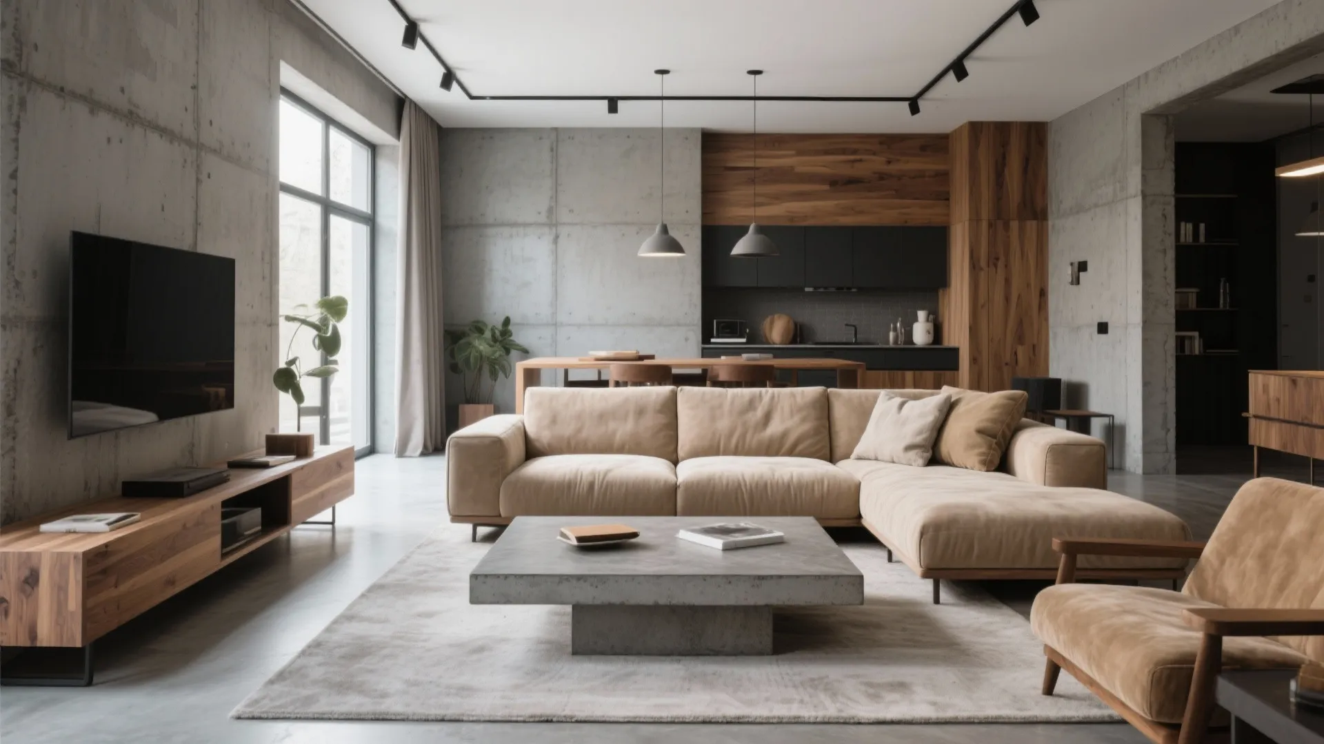 Modern open plan living room with beige sofa concrete walls wood cabinet and kitchen view