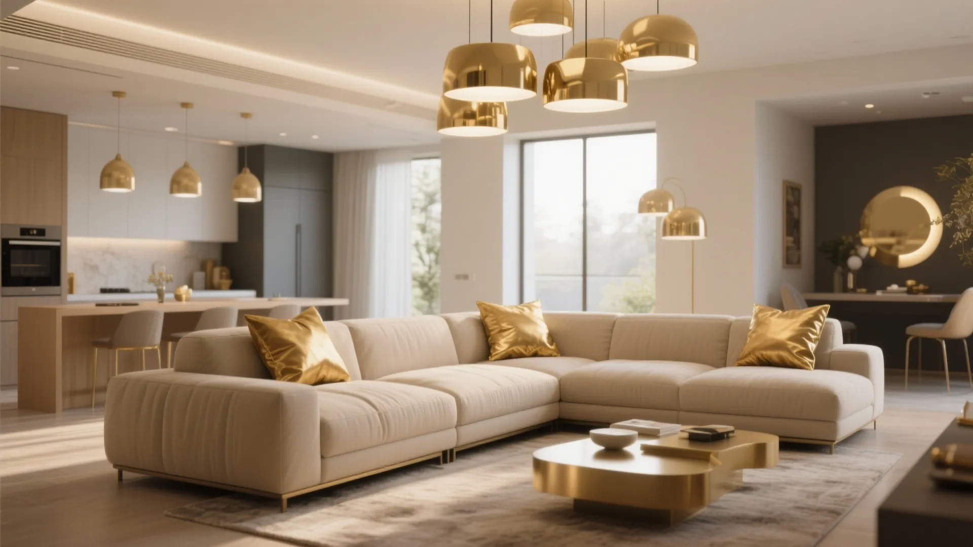 Modern open plan living room with beige sofa gold pillows ceiling light and kitchen in background