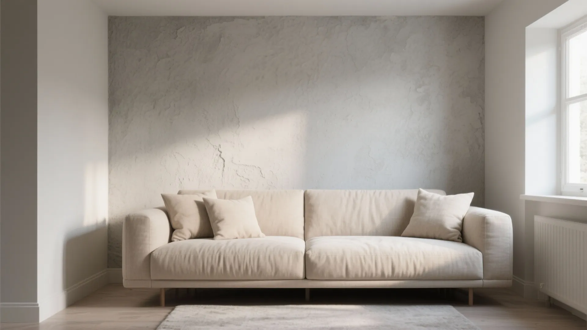 Minimalist beige sofa with three pillows against textured grey wall near window with natural light