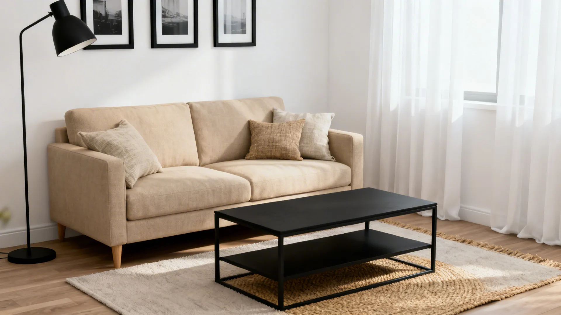 Beige sofa anchored living room with layered black accents and pale textiles for balance.