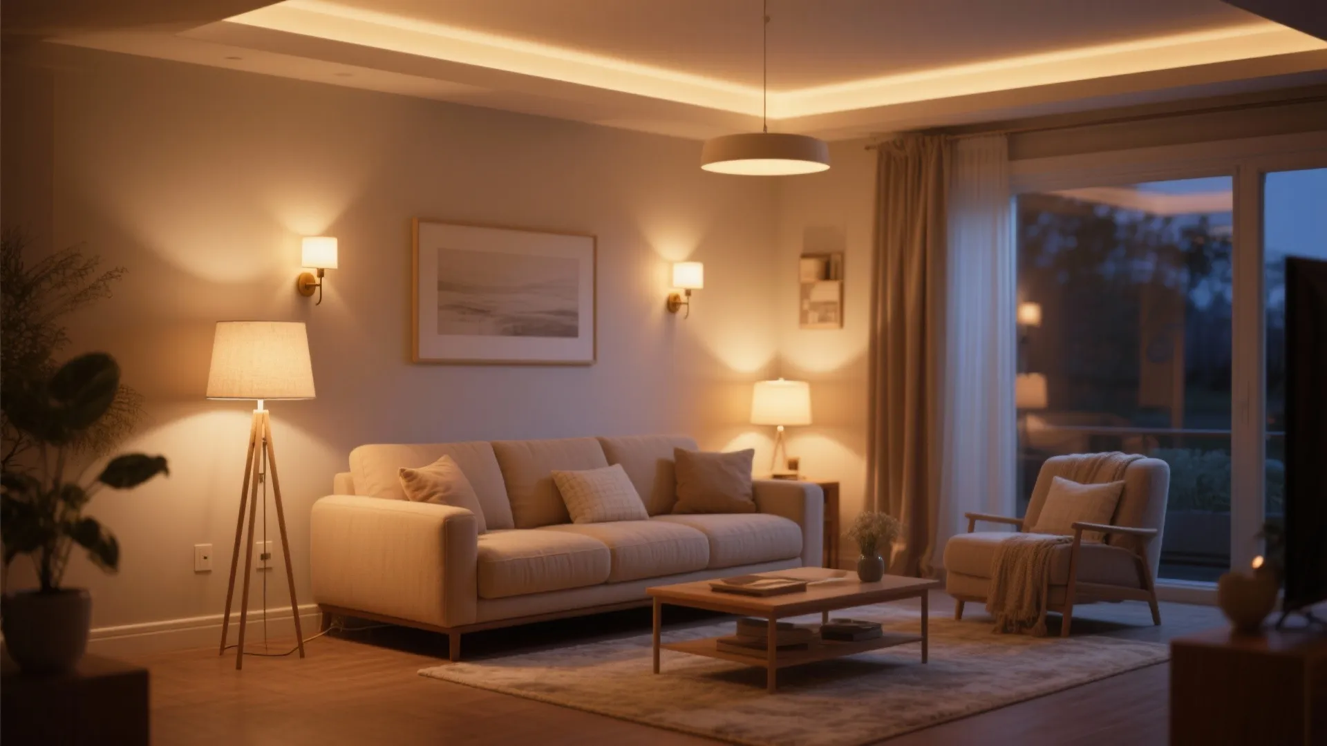 10. Beige Sofa with Layered Lighting