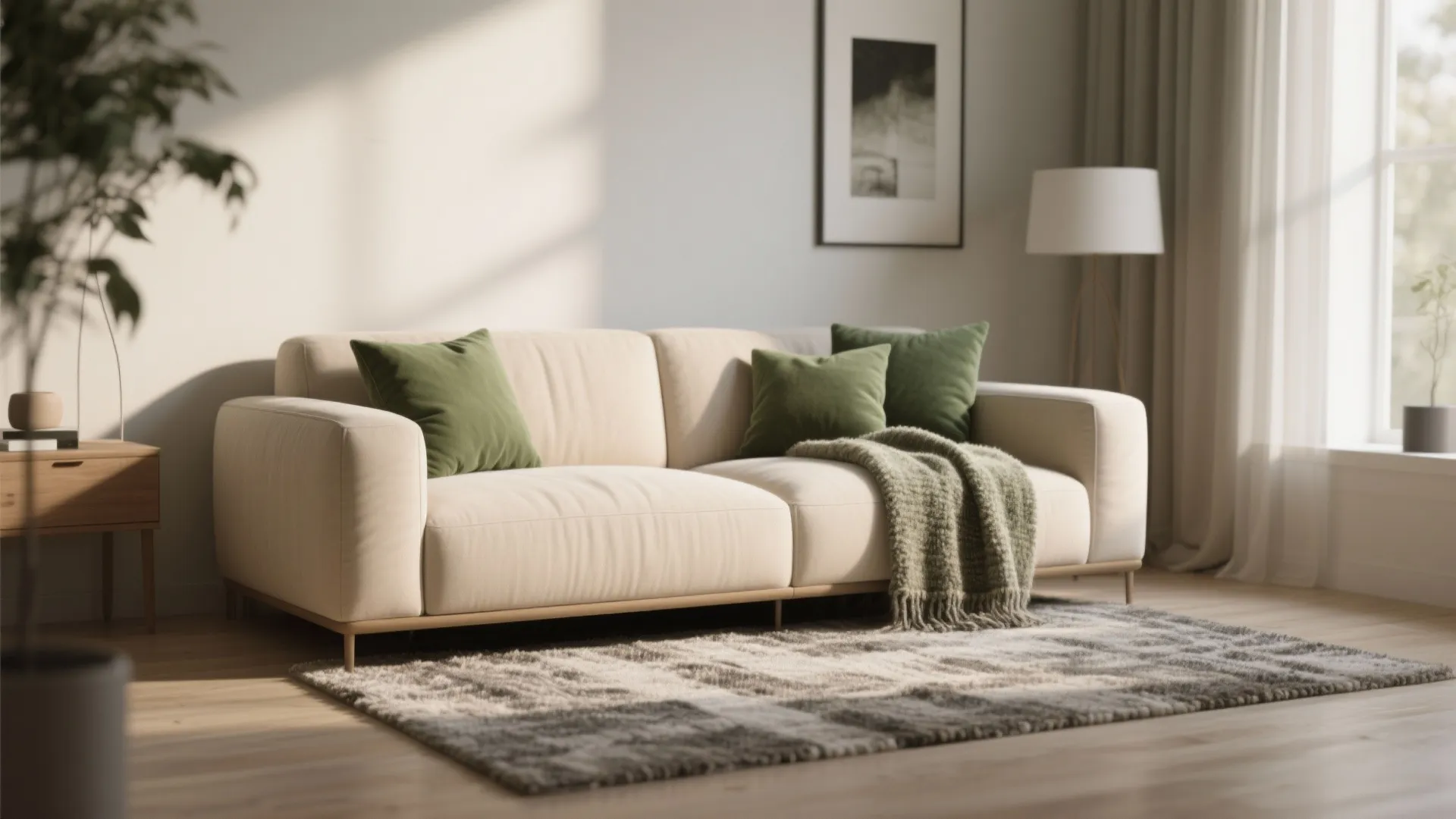 Modern beige sofa with green pillows, grey rug, wooden floor, standing lamp, and wall art