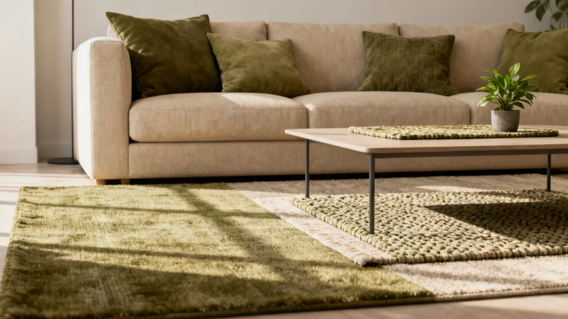 Beige sofa with olive cushions and layered rugs in a cozy living area.