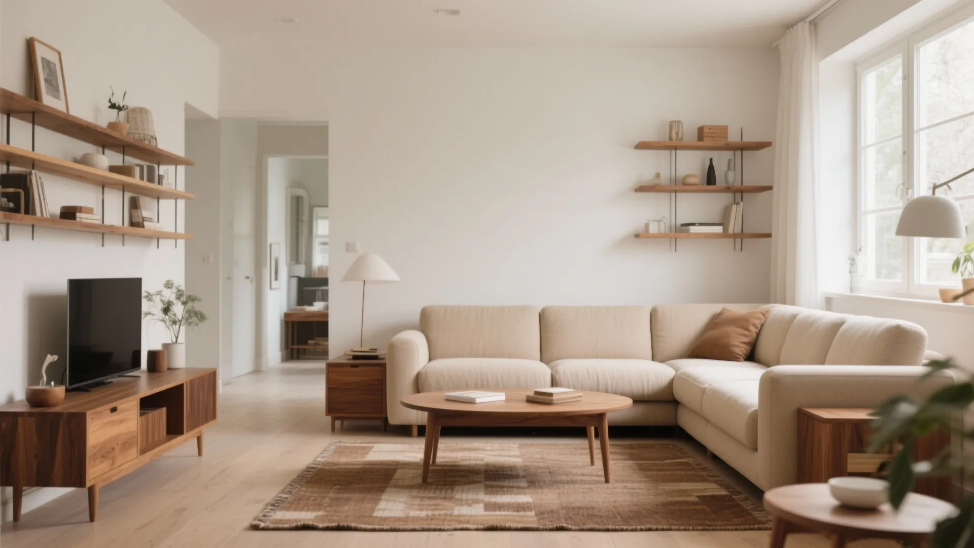 7. Beige Sofa with Wood Accents