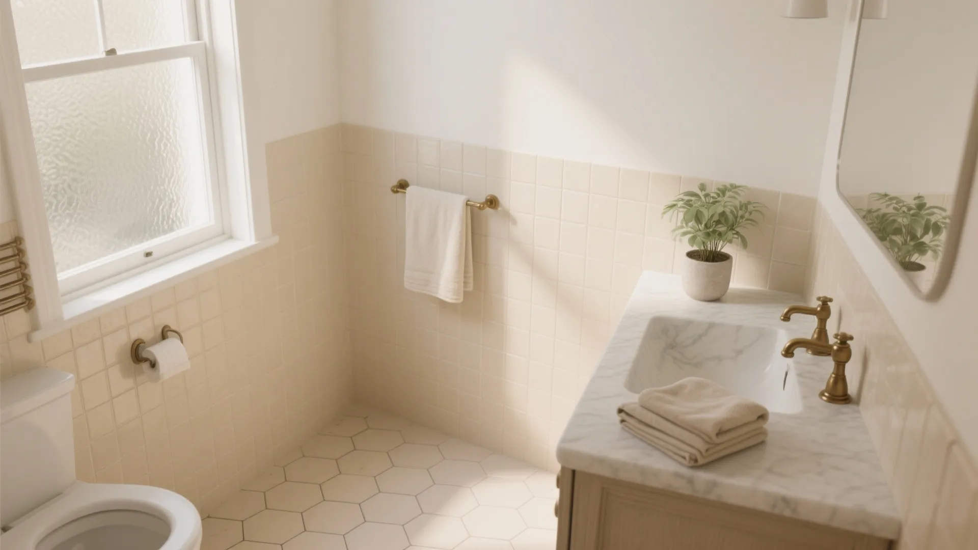 Bright warm bathroom with marble sink brass faucets beige wall tiles and white hexagonal floor