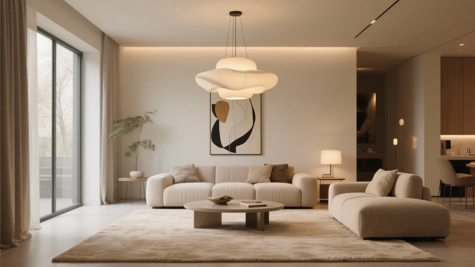 7. Beige Carpet with Statement Lighting